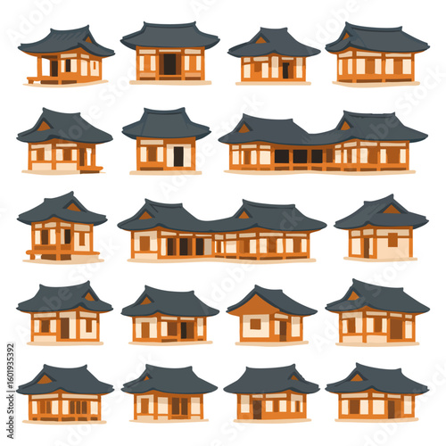 한국 전통 한옥 건축 아이콘 세트, 분리된 배경. 고풍스럽고 클래식한 전통 건물 디자인 소스