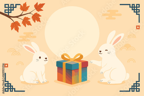 보름달 아래 선물과 함께 있는 토끼들, 따뜻한 명절 카드 일러스트