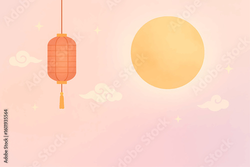 따뜻한 분홍빛 하늘과 떠오른 보름달 일러스트 배경