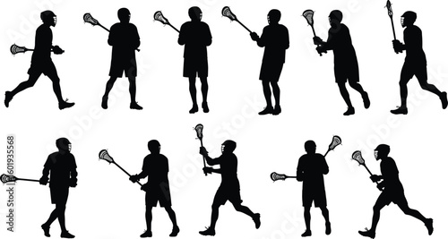 Silhouette of lacrosse players holding sticks in various action poses, isolated vector set, sports concept, black and white illustration