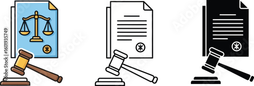 Legal services gavel document icon set for law firm attorney court justice and legal representation