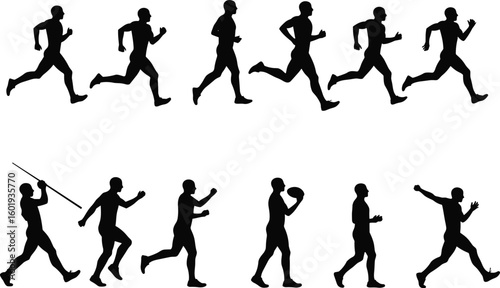 Silhouette vector illustration of athletes running, jumping, walking, javelin throwing, football holding, black flat cad figure, sport action drawing