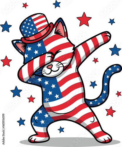 Dabbing patriotic cat with American flag design