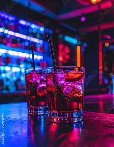 Two cocktails with ice and straws glow under vibrant neon lights in a modern bar setting.
