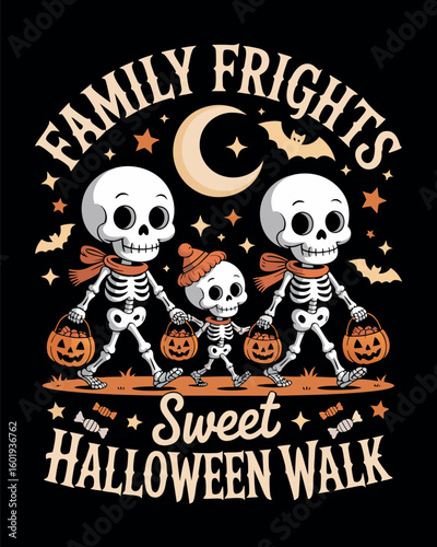 Sweet halloween walk with skeleton family frights t shirt design