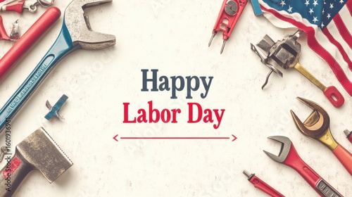 a banner-style Labor Day graphic featuring tools, American flag, and 
