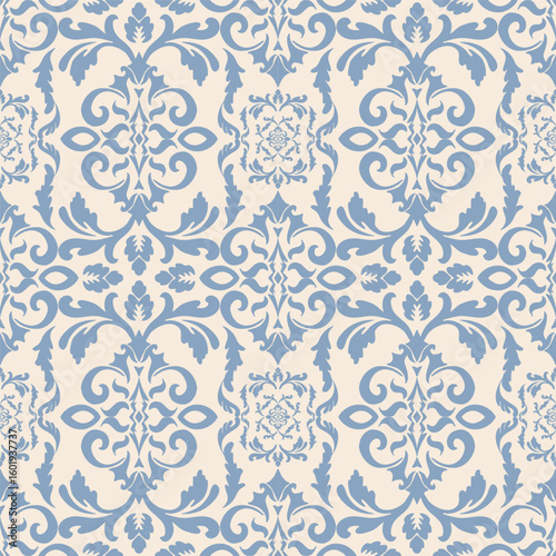 Blue victorian classic floral damask pattern. Vector abstract floral damask seamless pattern. Classic floral damask pattern use for fabric, textile, home decoration elements, upholstery, wrapping, etc