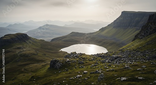 The photograph showcases a breathtaking view of a highland wilderness, with its layers of misty mountains, a reflective lake, and textured rocky terrain, inviting peaceful contemplation.