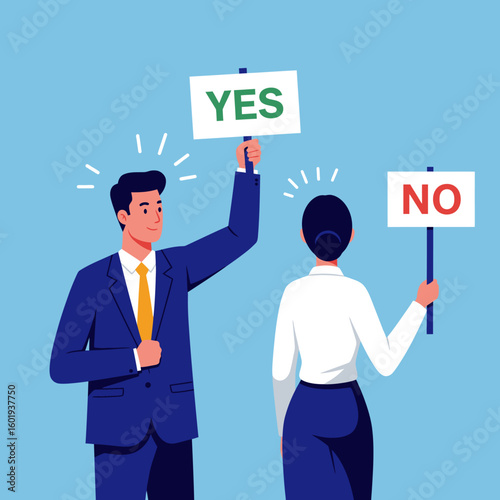 Man and Woman Holding Opposing YES and NO Signs in Decision-Making Concept – Flat Vector Illustration on Blue Background