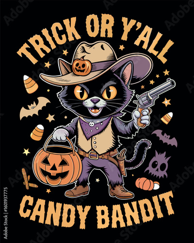 Trick or y all candy bandit halloween cat design t-shirt design