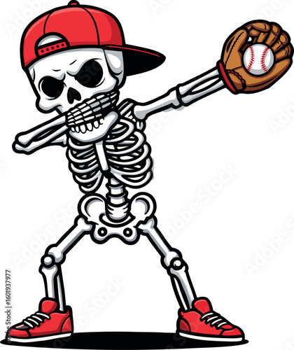 Skeleton baseball player dabbing with glove vector graphic