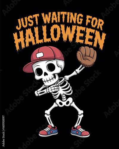 Just waiting for halloween skeleton baseball player t-shirt design
