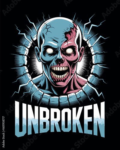 Unbroken zombie breaking through the wall vector t-shirt design