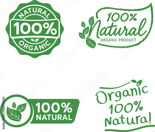 Set of four eco-friendly green labels with 100% natural and organic text designs, ideal for healthy product packaging or branding.
