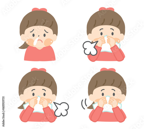 鼻水をかむ子どものイラストセット