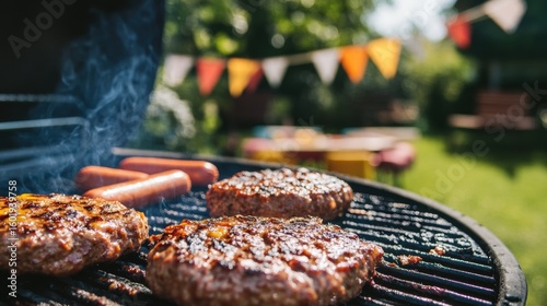 A grill with sizzling burgers and hot dogs, set up in a sunny backyard with flags and picnic decor in the background, summer vibes