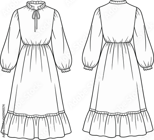 Long sleeve frill neck dress cad drawing, fashion flat sketch, vector illustration of gathered waist ruffle hem technical template