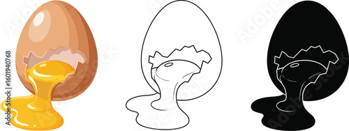 Cracked egg vector illustration set, egg yolk dripping, food ingredient, cooking, breakfast, protein, shell