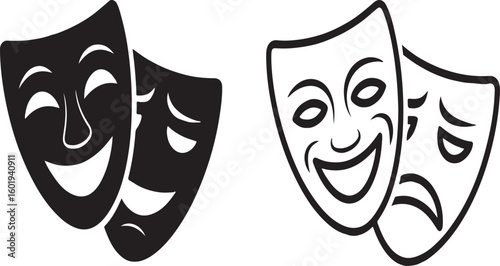 Theatre Masks Depicting Comedy and Tragedy in Black and White Symbolic Representation of Dramatic Arts and Performing Arts
