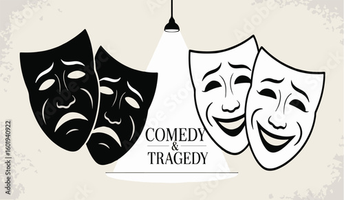 Comedy and Tragedy Masks Symbolizing Theater, Performance Arts, and Dramatic Expression with a Spotlight and Textured Background