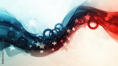 An abstract composition of gears, stars, and red-blue ribbons forming a circle, symbolizing unity and work, with soft gradients