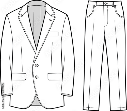 Men’s blazer and trousers cad drawing flat vector illustration, fashion suit technical sketch, front view clothing design template