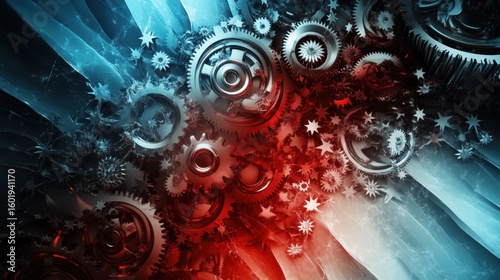 An abstract composition of gears, stars, and red-blue ribbons forming a circle, symbolizing unity and work, with soft gradients
