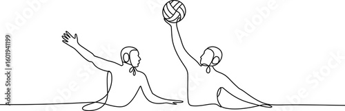 Two athletes playing water polo with ball isolated on white background