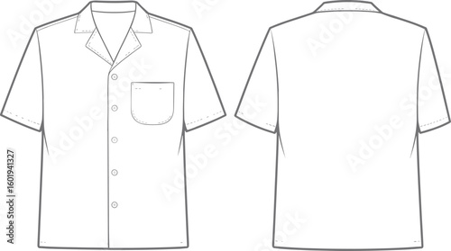 Men’s short sleeve button-up shirt flat sketch, fashion cad drawing, vector illustration, front and back technical clothing template