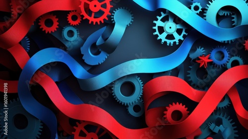 An abstract composition of gears, stars, and red-blue ribbons forming a circle, symbolizing unity and work, with soft gradients
