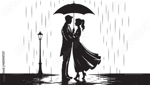 Silhouetted Couple Embracing Under an Umbrella in the Rain Romantic Moment of Connection and Intimacy