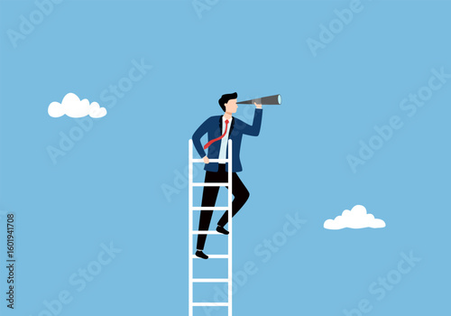 Businessman holding a telescope standing on the ladder looking for success, Searching new business goals, Finding ambition and motivation concept vector illustration.