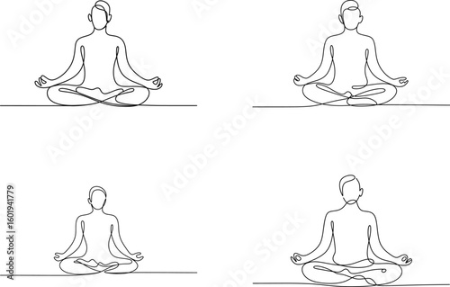 Four figures meditating in yoga poses isolated on white background