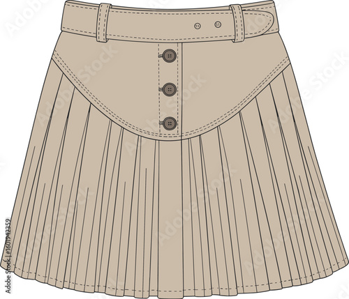 Pleated skirt with belt cad drawing flat vector illustration, high-waist buttoned fashion design, women’s clothing technical sketch template