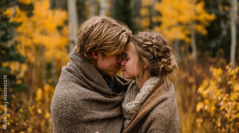 Fototapeta premium Romantic Couple Embracing in Autumn Forest
