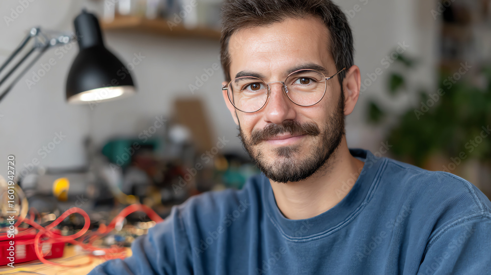 Obraz premium A confident young man in glasses smiles at the camera, surrounded by tools and equipment in a creative workspace.