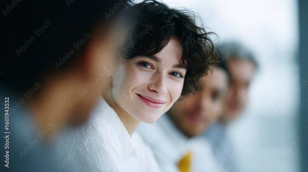 Obraz premium Young woman with freckles smiles looking at the camera in a professional setting with colleagues blurred behind her
