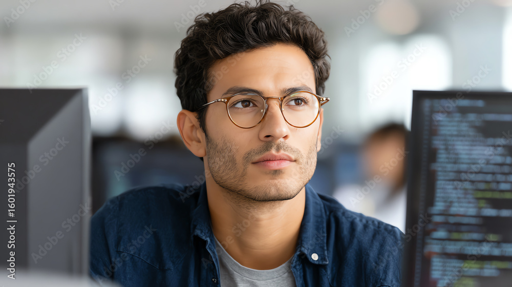 Obraz premium A focused young man with glasses working on a computer in a modern office environment, showcasing professionalism and concentration.