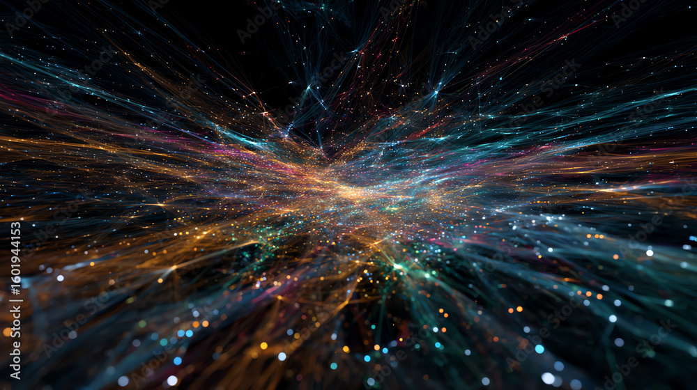 Naklejka premium A mesmerizing abstract digital art piece, showcasing vibrant colors and light trails in a cosmic space theme.