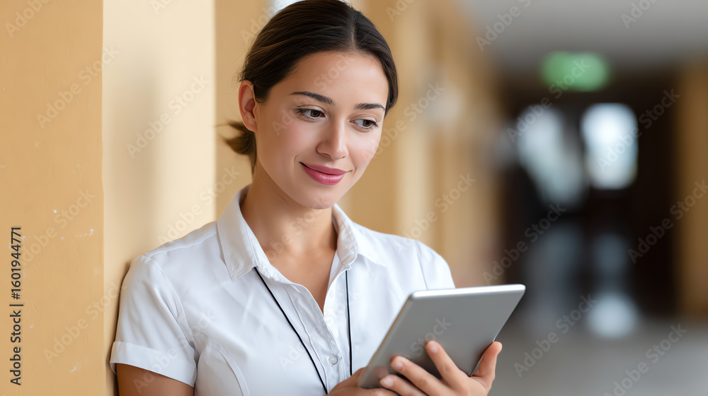 A professional woman uses a tablet for work, showcasing modern technology in an office environment. A professional woman uses a tablet for work, showcasing modern technology in an office environment.