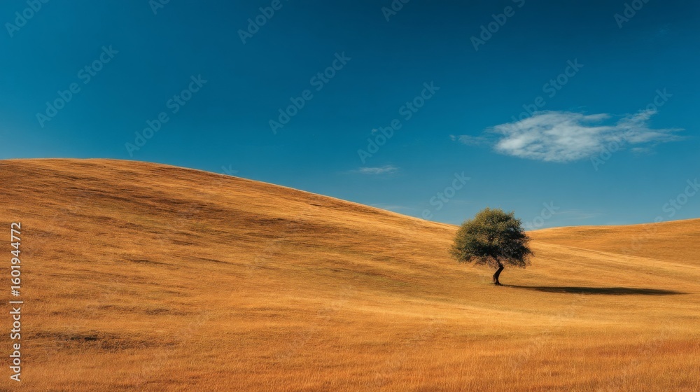 Fototapeta premium Solitary Tree on Golden Hills Under a Blue Sky