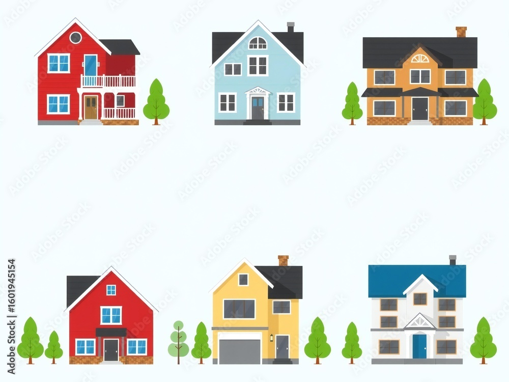Collection of six colorful modern flat design houses with trees Collection of six colorful modern flat design houses with trees
