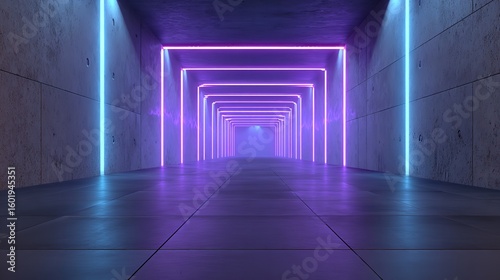 The empty neon tunnel provides an abstract, immersive background with a wallpaper feel, perfect for a bestseller with a futuristic theme