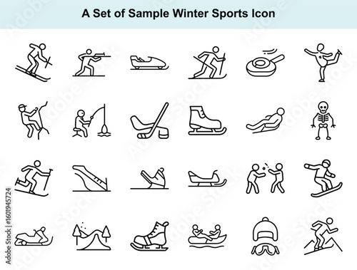 Line icons showcase various winter sports and leisure activities
