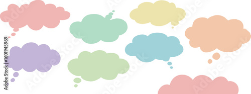 Pastel Cloud Thought Bubble Vector Set. A collection of pastel-colored thought bubbles in soft cloud shapes. Ideal for creative, emotional, or messaging-themed designs.