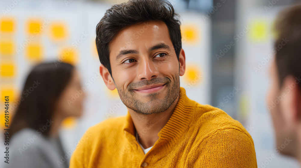 Fototapeta premium A young man smiles during a meeting, showcasing engagement and positivity in a professional environment.