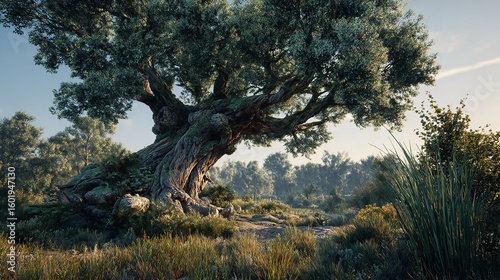 Mediterranean olive tree in garden, the branches are filled with plump olives ready to be picked