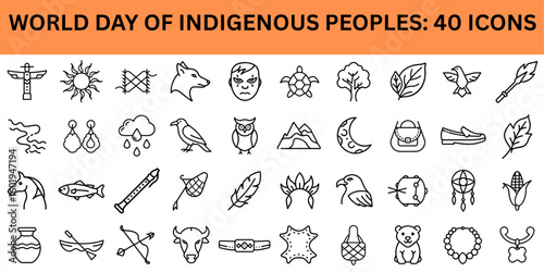 World Day of Indigenous Peoples icon set featuring diverse symbols  