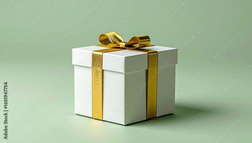 Obraz premium Elegant White Gift Box with Gold Ribbon on a Soft Green Background