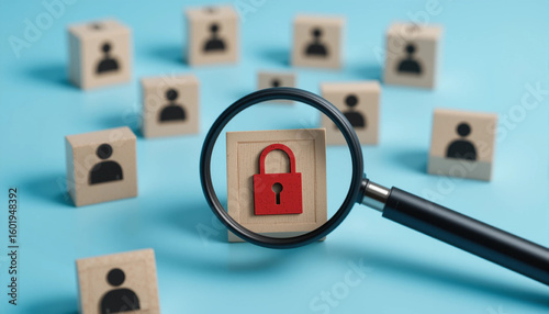 Data Privacy and Security Concept – Magnifying Glass Focusing on Red Lock Icon Among User Blocks